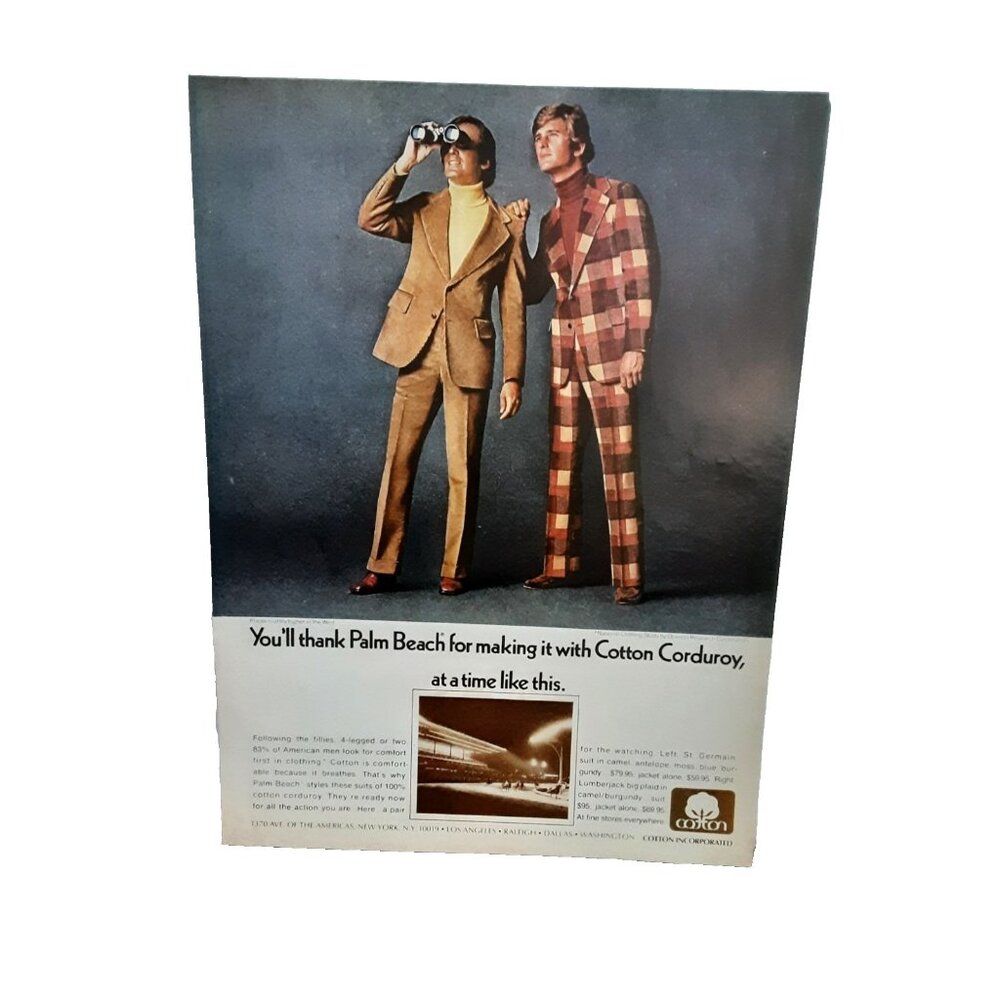 1973 Palm Beach Cotton Corduroy Print Ad Retro Menswear Plaid Suit Vintage